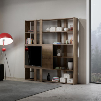 Kato TV-Ständer mit Bücherregal – Modell H Kato 6R, 2 Seitenteile, 2 lange, 2 kurze, 2 mittlere Leisten, TV-Panel, Weiß-Esche