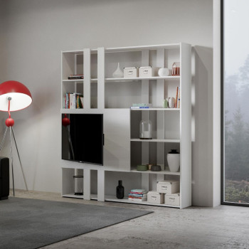 Kato TV-Ständer mit Bücherregal – Modell H Kato 6R, 2 Seitenteile, 2 lange, 2 kurze, 2 mittlere Leisten, TV-Panel, Weiß-Esche