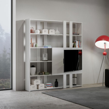 Kato TV-Ständer mit Bücherregal – Modell H Kato 6R, 2 Seitenteile, 2 lange, 2 kurze, 2 mittlere Leisten, TV-Panel, Weiß-Esche