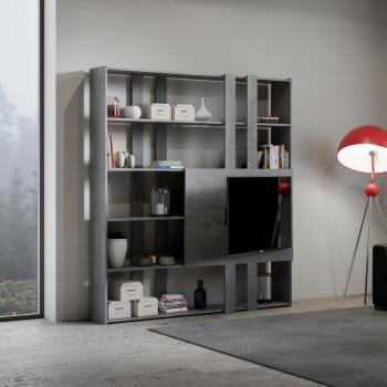 Kato TV-Ständer mit Bücherregal – Modell H Kato 6R, 2 Seitenteile, 2 lange, 2 kurze, 2 mittlere Leisten, TV-Panel, Weiß-Esche