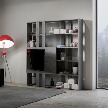 Kato Bücherregal-TV-Ständer – Zusammensetzung H Kato 6R, 2 Seitenteile, 2 lange Bänder, 2 kurze Bänder, 2 mittlere Bänder, TV-Panel, Weiß-Esche