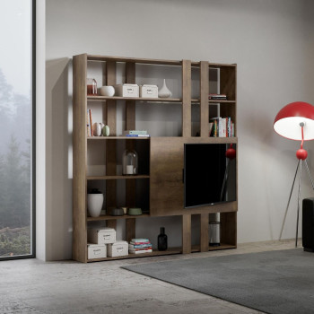 Kato TV-Ständer mit Bücherregal – Modell H Kato 6R, 2 Seitenteile, 2 lange, 2 kurze, 2 mittlere Leisten, TV-Panel, Weiß-Esche