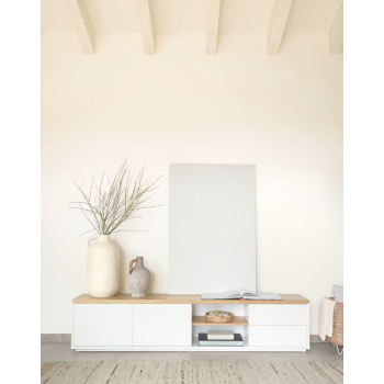 Abilen TV-Schrank, 2 Türen, 2 Schubladen, weißes Furnier, 200 x 44 cm, FSC 100 %