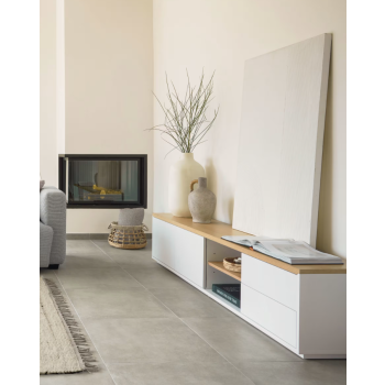 Abilen TV-Schrank, 2 Türen, 2 Schubladen, weißes Furnier, 200 x 44 cm, FSC 100 %