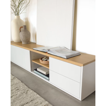 Abilen TV-Schrank, 2 Türen, 2 Schubladen, weißes Furnier, 200 x 44 cm, FSC 100 %