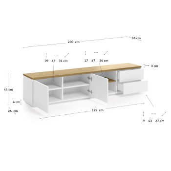 Abilen TV-Schrank, 2 Türen, 2 Schubladen, weißes Furnier, 200 x 44 cm, FSC 100 %