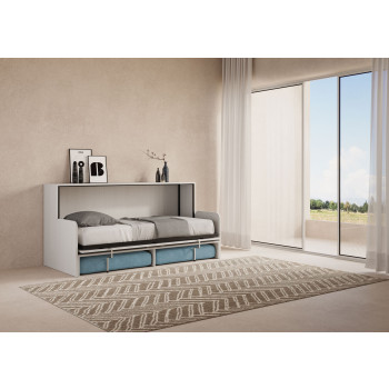 Mod.Kando Einzelbett mit Sofa - Kando Klappbett mit Sofa und weißer Eschenmatratze, hellblau