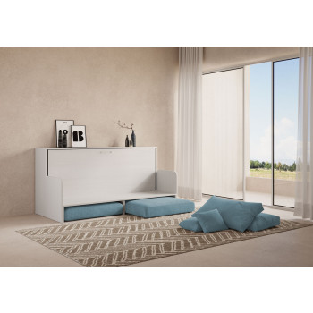 Mod.Kando Einzelbett mit Sofa - Kando Klappbett mit Sofa und weißer Eschenmatratze, hellblau