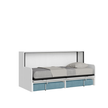 Mod.Kando Einzelbett mit Sofa - Kando Klappbett mit Sofa und weißer Eschenmatratze, hellblau