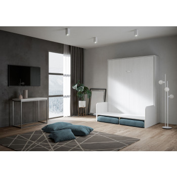Modell Kentaro Doppelbett 160 mit Sofa - Kentaro 160 Klappbett mit Sofa in Weiß-Esche, Hellblau