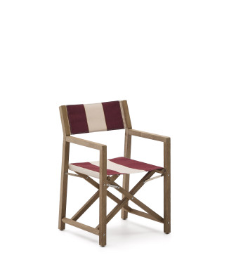 Vilara Klapp-Gartenstuhl mit burgunderroten und beigen Streifen aus massivem FSC-zertifiziertem Akazienholz.