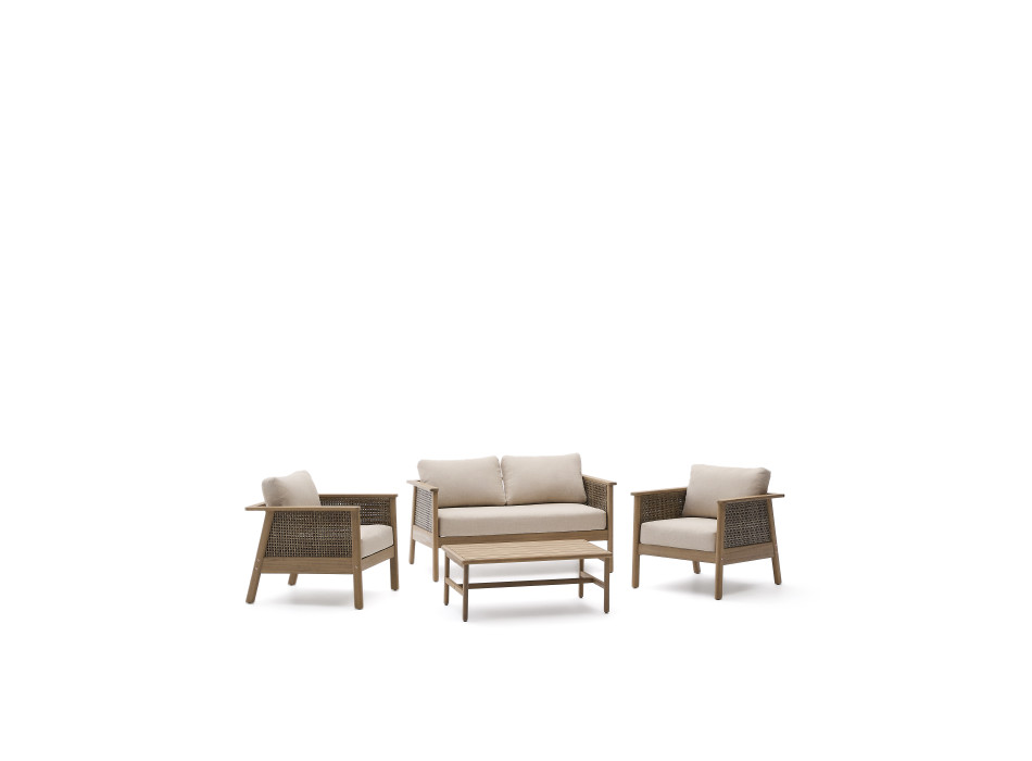 Alabe-Set bestehend aus einem 2-Sitzer-Sofa, 2 Sesseln und einem Couchtisch aus 100 % FSC-zertifiziertem Akazienholz.