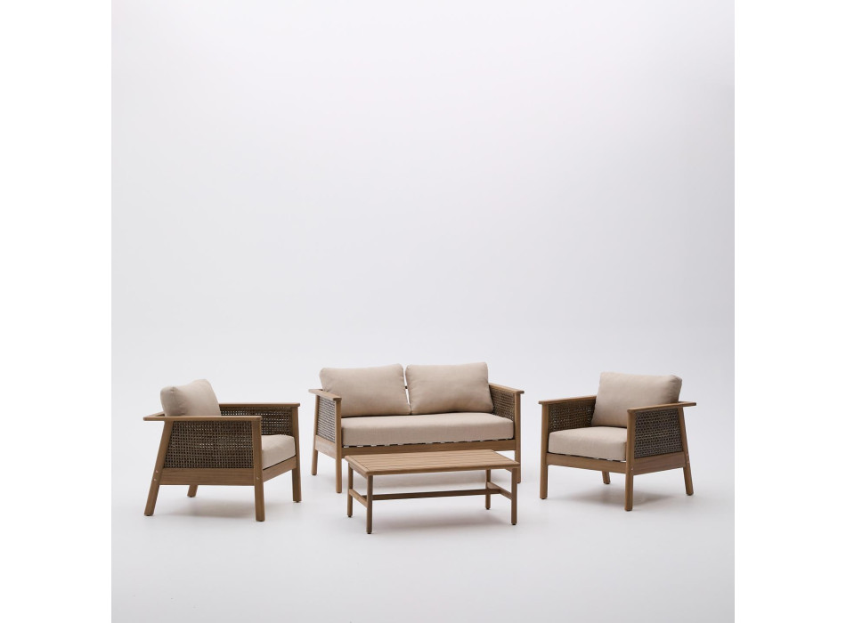 Alabe-Set bestehend aus einem 2-Sitzer-Sofa, 2 Sesseln und einem Couchtisch aus 100 % FSC-zertifiziertem Akazienholz.