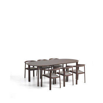 Das Erice-Set besteht aus 6 stapelbaren Stühlen aus Aluminium und Seil sowie einem Tisch aus Aluminium und gehärtetem Glas.