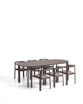 Das Erice-Set besteht aus 6 stapelbaren Stühlen aus Aluminium und Seil sowie einem Tisch aus Aluminium und gehärtetem Glas.