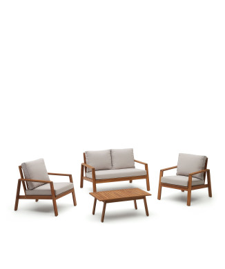 Frares-Set bestehend aus einem 2-Sitzer-Sofa, zwei Sesseln und einem Couchtisch aus massivem Akazienholz