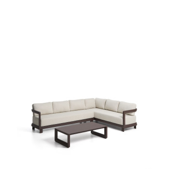 Nerano-Set mit 5-Sitzer-Ecksofa und Couchtisch aus gehärtetem Glas und braunem Aluminium