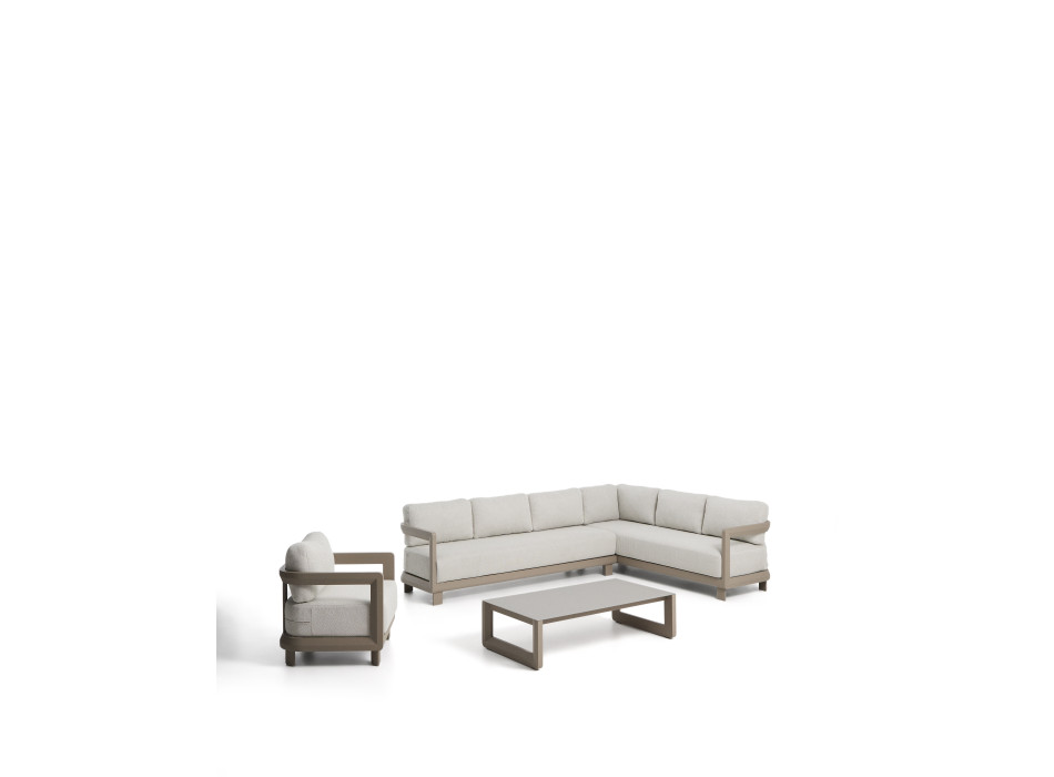 Nerano-Set mit 5-Sitzer-Ecksofa, Sessel und Couchtisch aus gehärtetem Glas und taupefarbenem Aluminium