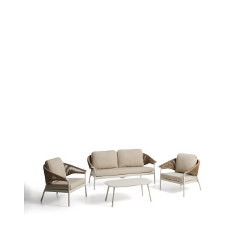 Zuara-Set mit 3-Sitzer-Sofa, 2 Sesseln und Gartentisch aus ecrufarbenem Aluminium und braunem Kunstseil