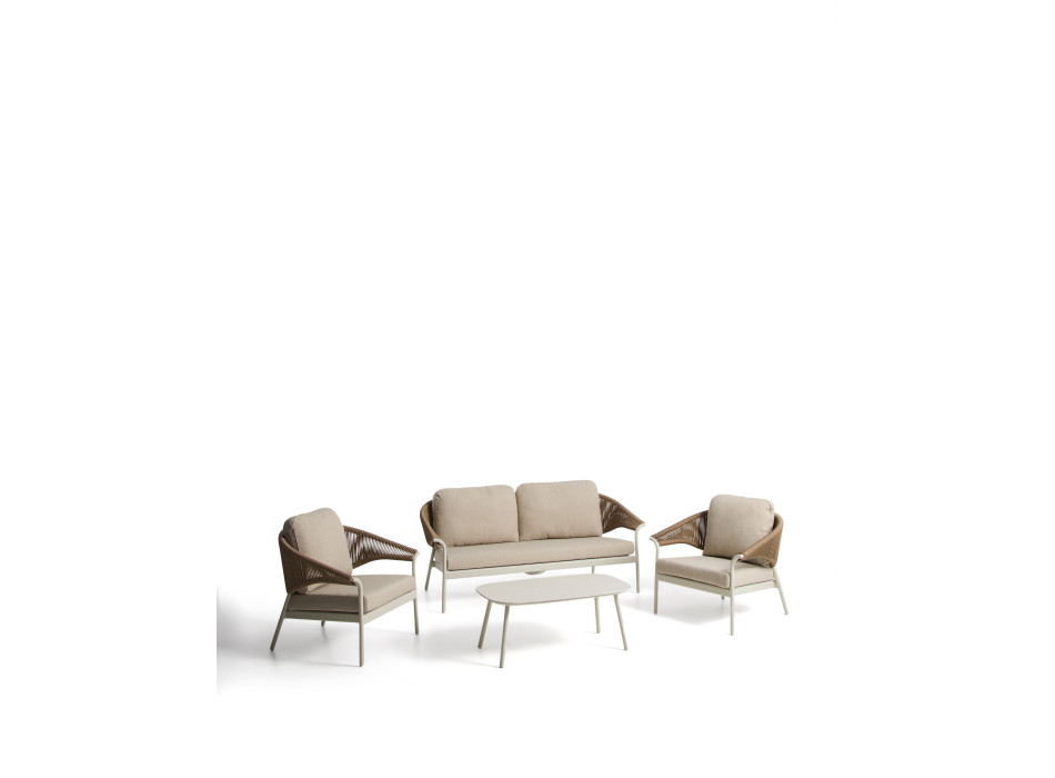 Zuara-Set mit 3-Sitzer-Sofa, 2 Sesseln und Gartentisch aus ecrufarbenem Aluminium und braunem Kunstseil