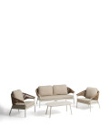 Zuara-Set mit 3-Sitzer-Sofa, 2 Sesseln und Gartentisch aus ecrufarbenem Aluminium und braunem Kunstseil