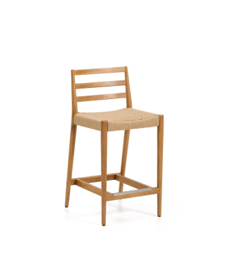 Analy-Hocker mit Rückenlehne aus massiver Eiche, naturfarbener Oberfläche und 65 cm Sitzfläche aus 100 % FSC-zertifiziertem Seil.