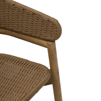 Arinella-Hocker aus massivem Akazienholz mit naturbelassener Oberfläche und beigefarbenem Seil, 65 cm, FSC 100 %