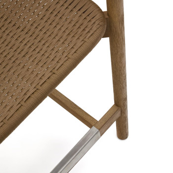 Arinella-Hocker aus massivem Akazienholz mit naturbelassener Oberfläche und beigefarbenem Seil, 65 cm, FSC 100 %