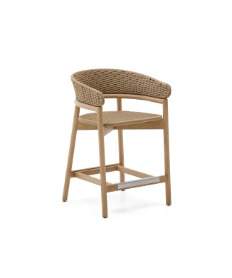 Arinella-Hocker aus massivem Akazienholz mit naturbelassener Oberfläche und beigefarbenem Seil, 65 cm, FSC 100 %