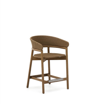 Arinella-Hocker aus massivem Akazienholz mit naturbelassener Oberfläche und beigefarbenem Seil, 65 cm, FSC 100 %