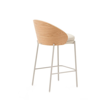 Eamy Hocker in beigefarbenem Kunstleder, Eschenfurnier, Naturfinish, 65 cm