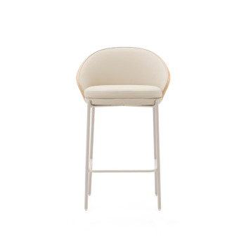 Eamy Hocker in beigefarbenem Kunstleder, Eschenfurnier, Naturfinish, 65 cm