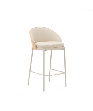 Eamy Hocker in beigefarbenem Kunstleder, Eschenfurnier, Naturfinish, 65 cm