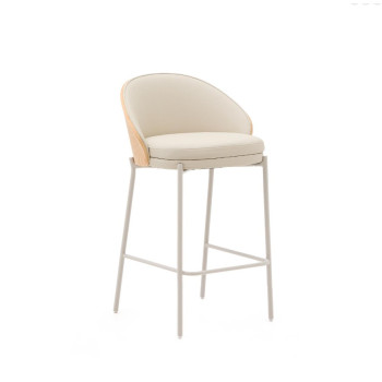 Eamy Hocker in beigefarbenem Kunstleder, Eschenfurnier, Naturfinish, 65 cm