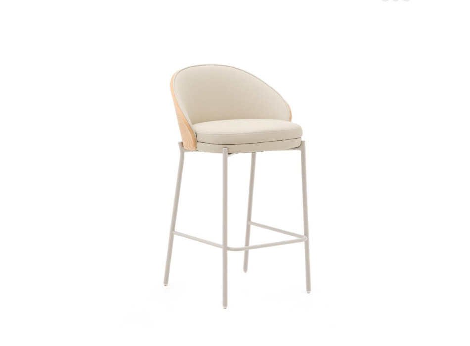Eamy Hocker in beigefarbenem Kunstleder, Eschenfurnier, Naturfinish, 65 cm