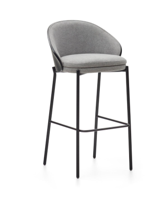 Eamy-Hocker aus hellgrauem Chenille, Eschenfurnier, schwarzer Lackierung, schwarzem Metall, 75 cm