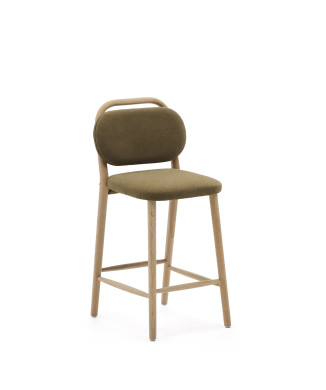 Helda Hocker aus grünem Chenille und massiver Eiche, FSC Mix Credit, 65 cm