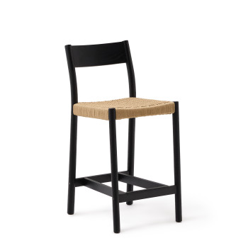 Yalia-Hocker mit Rückenlehne aus massiver Eiche in Schwarz und 65 cm Sitzfläche aus 100 % FSC-zertifiziertem Seil