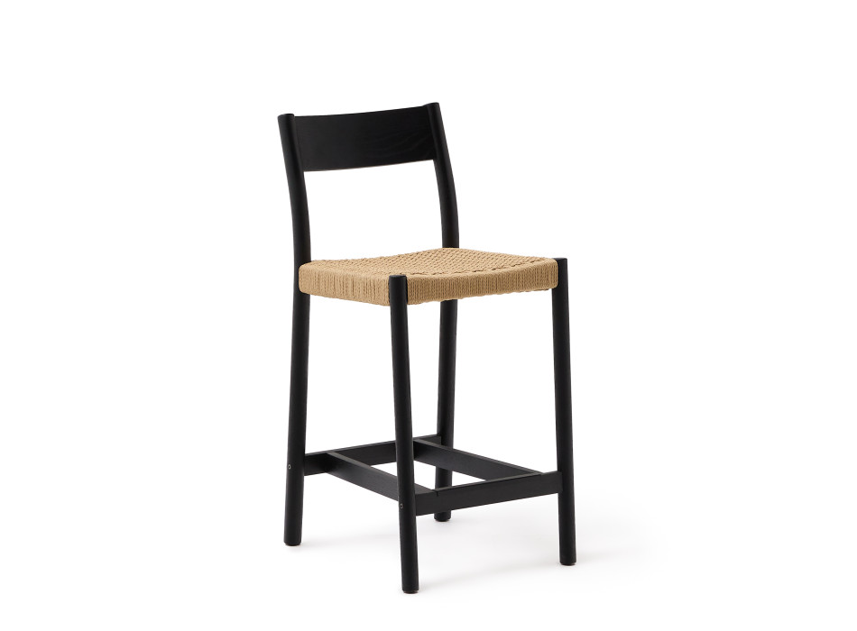 Yalia-Hocker mit Rückenlehne aus massiver Eiche in Schwarz und 65 cm Sitzfläche aus 100 % FSC-zertifiziertem Seil