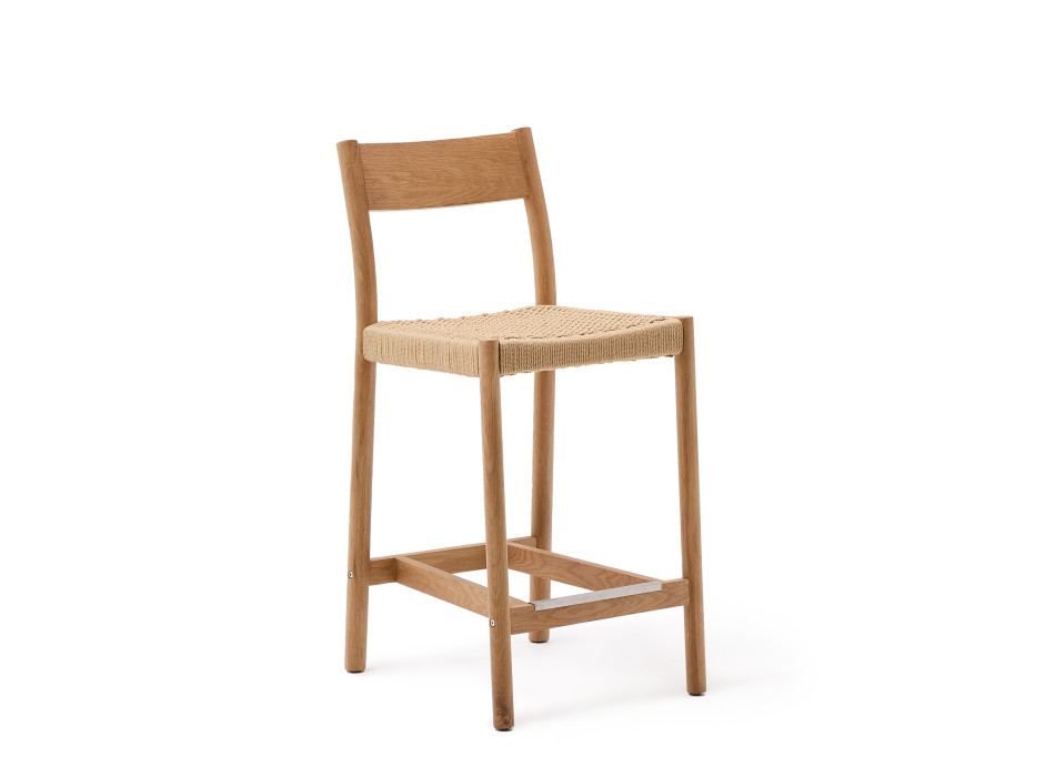 Yalia-Hocker mit Rückenlehne aus massiver Eiche, FSC-zertifiziert (100 % Naturfinish), Sitzfläche aus Seil, 65 cm