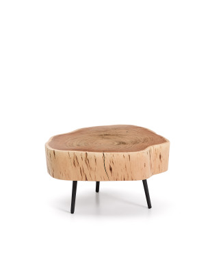 Couchtisch Tavine aus massivem Akazienholz mit gebleichter Oberfläche und schwarzen Stahlbeinen, Ø 49 cm