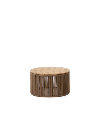 Dandara Couchtisch aus Stahl, beigefarbenem Seil und Beinen aus massivem Akazienholz, Ø 70 cm, FSC 100 %