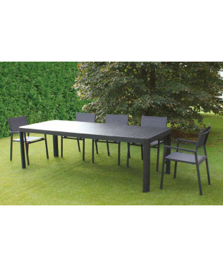 Tisch aus anthrazitfarbenem Aluminium 180/240x100 + 6 Stühle aus anthrazitfarbenem Aluminium