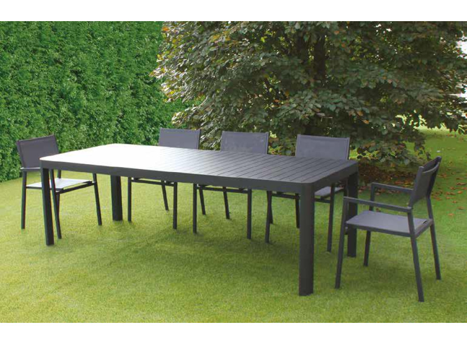 Tisch aus anthrazitfarbenem Aluminium 180/240x100 + 6 Stühle aus anthrazitfarbenem Aluminium
