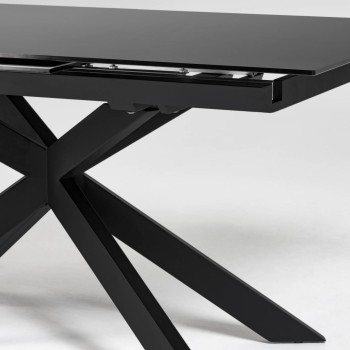 Ausziehbarer Tisch Atminda aus Glas und Stahlbeinen, schwarze Ausführung, 160 (210) x 90 cm