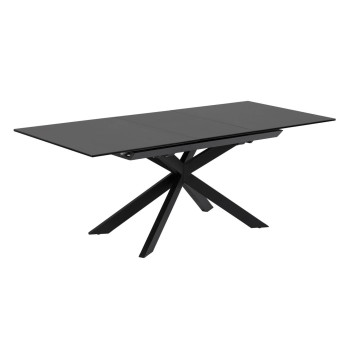 Ausziehbarer Tisch Atminda aus Glas und Stahlbeinen, schwarze Ausführung, 160 (210) x 90 cm