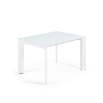 Ausziehbarer Tisch Axis aus weißem Glas und weiß lackierten Stahlbeinen, 120 (180) cm