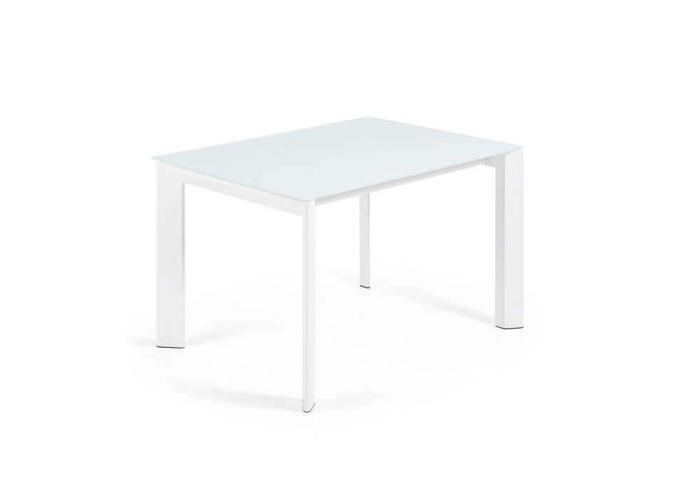 Ausziehbarer Tisch Axis aus weißem Glas und weiß lackierten Stahlbeinen, 120 (180) cm