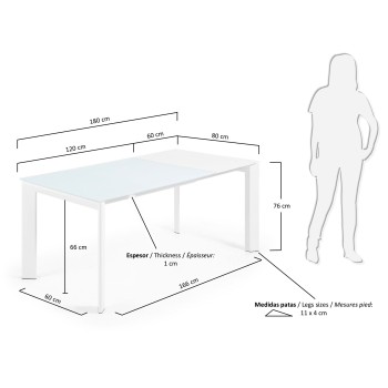 Ausziehtisch Axis aus weißem Glas mit Beinen aus weißem Glas