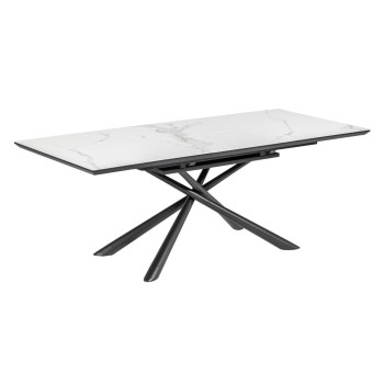 Theone Ausziehtisch aus weißem Porzellan mit Beinen aus schwarz lackiertem Stahl, 160 (210) x 90 cm